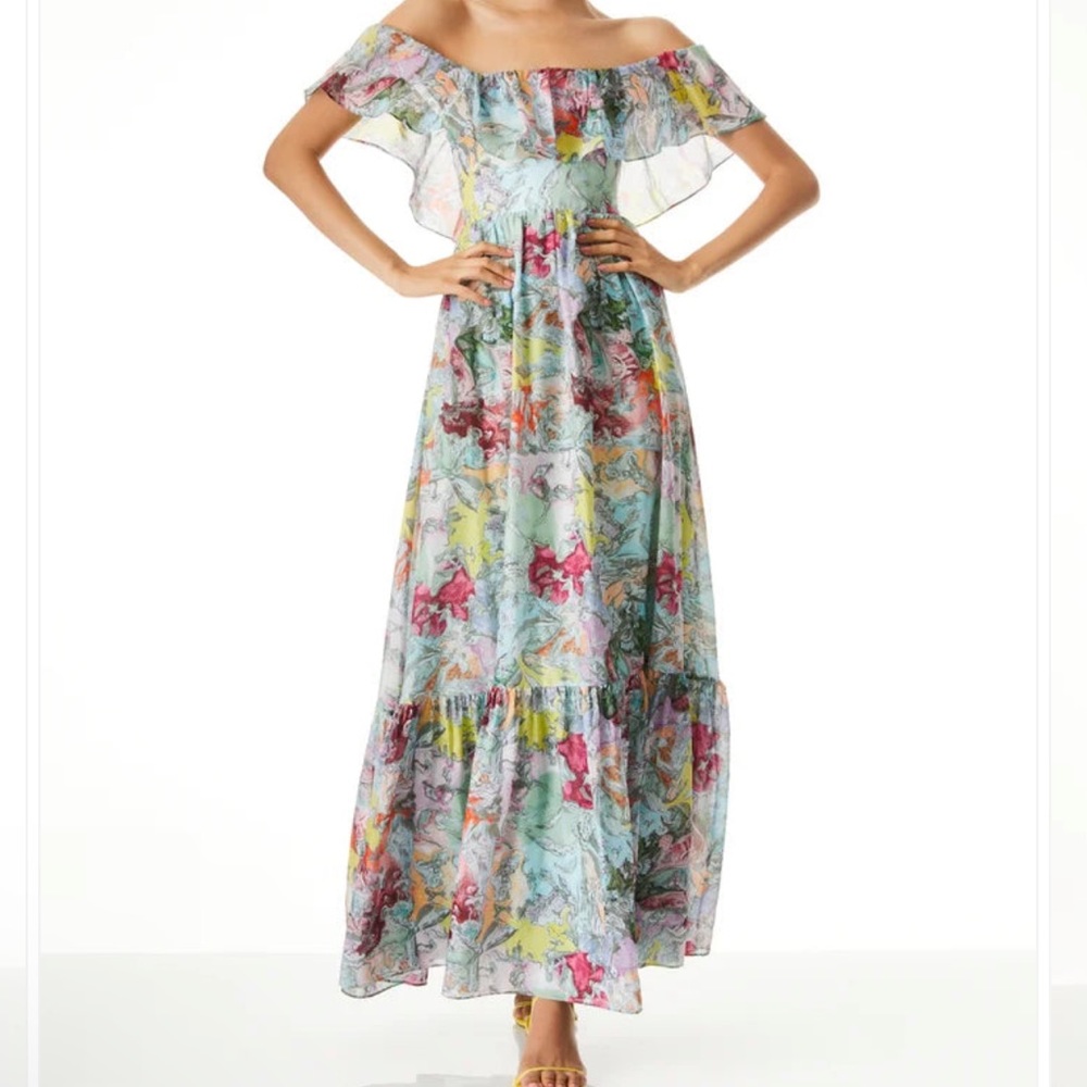 NWTAlice+Olivia LOLA Schnabel Tempie Ruffle Off Shoulder Maxi Dress Lola's Dream